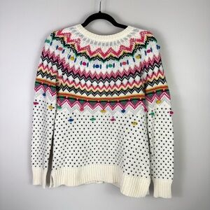 Talbots Fair Isle Pom Pom Sweater Cardigan White Multi Color XS Wool Blend